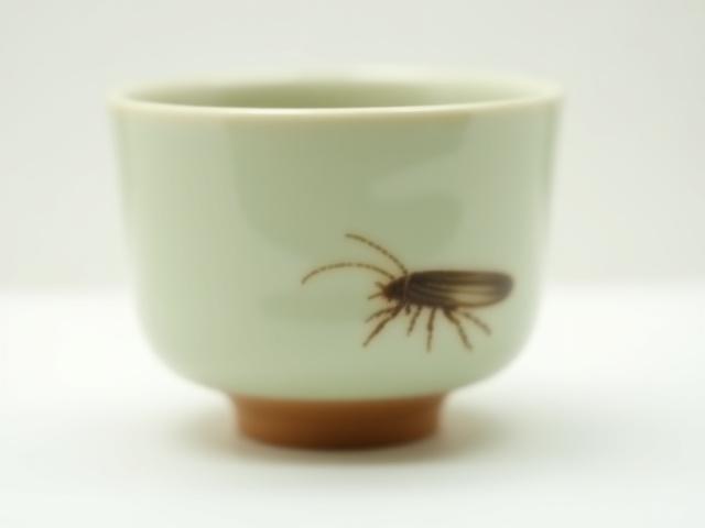 繊細なセミの絵付けが施された茶碗